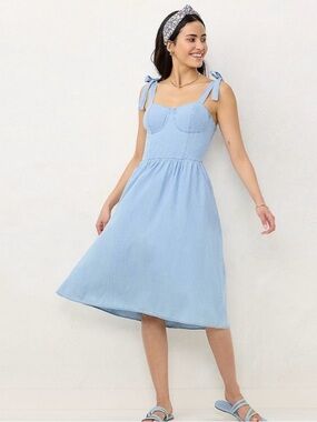 LC Lauren Conrad Chambray Corset Midi Dress Tie Strap Light Blue Size M